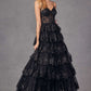 Juliet JT2454K Long Boned Bodice Tiered Layered Sequin Detail A-Line Gown