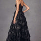 Juliet JT2454K Long Boned Bodice Tiered Layered Sequin Detail A-Line Gown