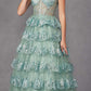 Juliet JT2454K Long Boned Bodice Tiered Layered Sequin Detail A-Line Gown