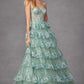Juliet JT2454K Long Boned Bodice Tiered Layered Sequin Detail A-Line Gown