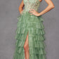 Juliet JT2458A Long Ruffle Tulle A-Line Ball Gown Bustier Bodice Thin Straps