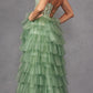 Juliet JT2458A Long Ruffle Tulle A-Line Ball Gown Bustier Bodice Thin Straps