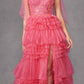 Juliet JT2465A Long Glitter Tulle A-Line Leg Slit Ribbon Bow Strap Gown