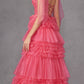 Juliet JT2465A Long Glitter Tulle A-Line Leg Slit Ribbon Bow Strap Gown
