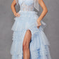 Juliet JT2465A Long Glitter Tulle A-Line Leg Slit Ribbon Bow Strap Gown