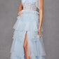 Juliet JT2465A Long Glitter Tulle A-Line Leg Slit Ribbon Bow Strap Gown