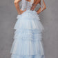 Juliet JT2465A Long Glitter Tulle A-Line Leg Slit Ribbon Bow Strap Gown