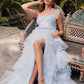 Juliet JT2465A Long Glitter Tulle A-Line Leg Slit Ribbon Bow Strap Gown