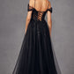 Juliet JT2466A Long Cold Shoulder Sweetheart Corset Bodice A-Line Gown