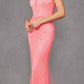 Juliet JT2470S Long V-Neck Boned Bodice Fitted Net Mesh Formal Dress