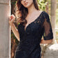 Juliet JTM15L Embroidered Beaded Bodice Short Sleeve Evening Gown