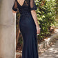 Juliet JTM15L Embroidered Beaded Bodice Short Sleeve Evening Gown