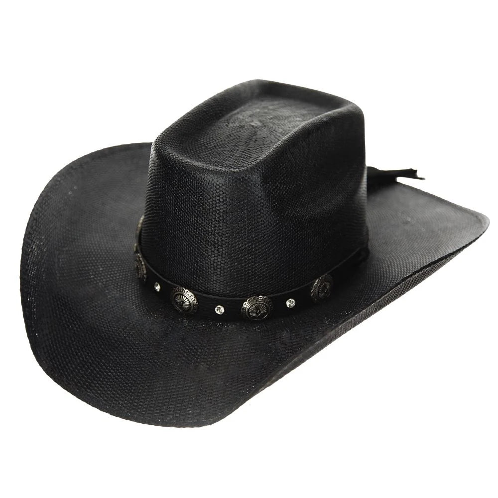 Justin Miley Bangora straw cowgirl hat in black, three-quarter viewેણ