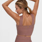 Trophy Yoga criss cross tennis crop top in white, front view, Made in USA