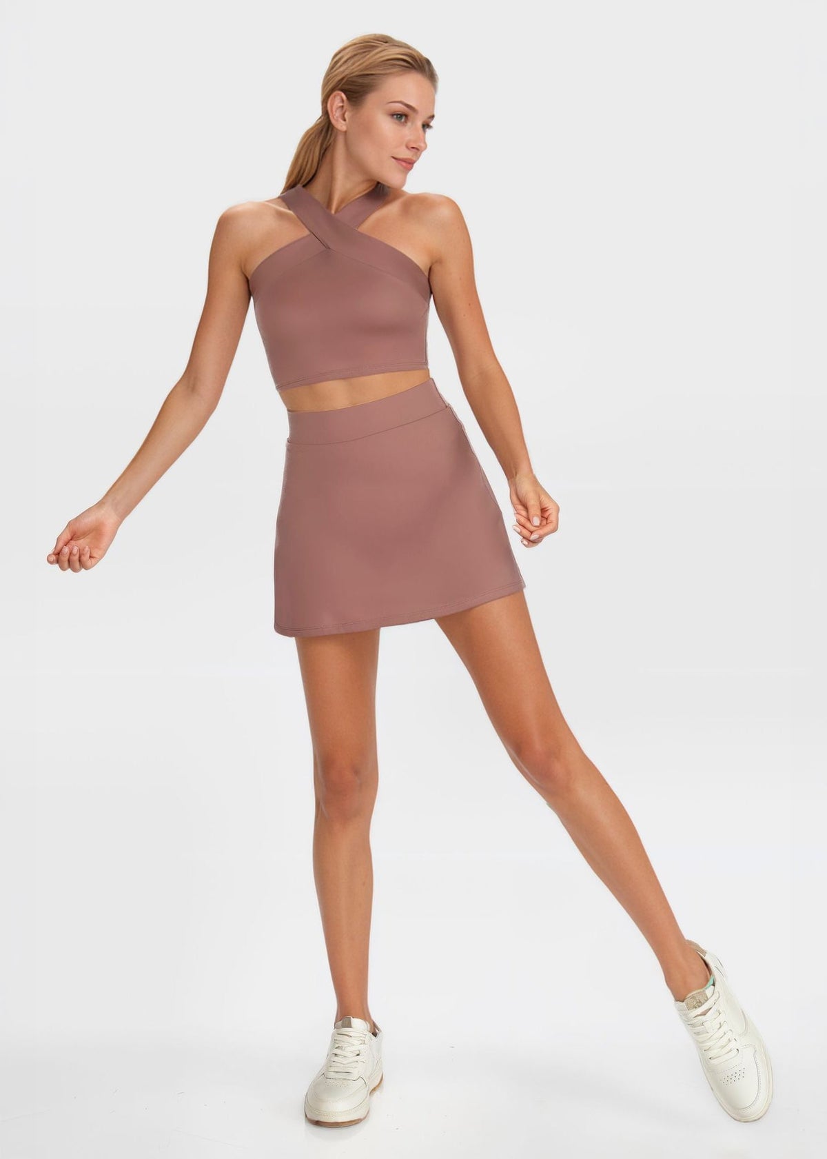Trophy Yoga criss cross tennis crop top, front view, made in USA