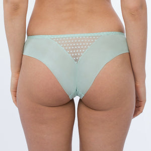 Lavinia Samanta Juno mint sheer mesh tulle embroidered tanga panty, back view showing delicate floral embroidery and lightweight fabric