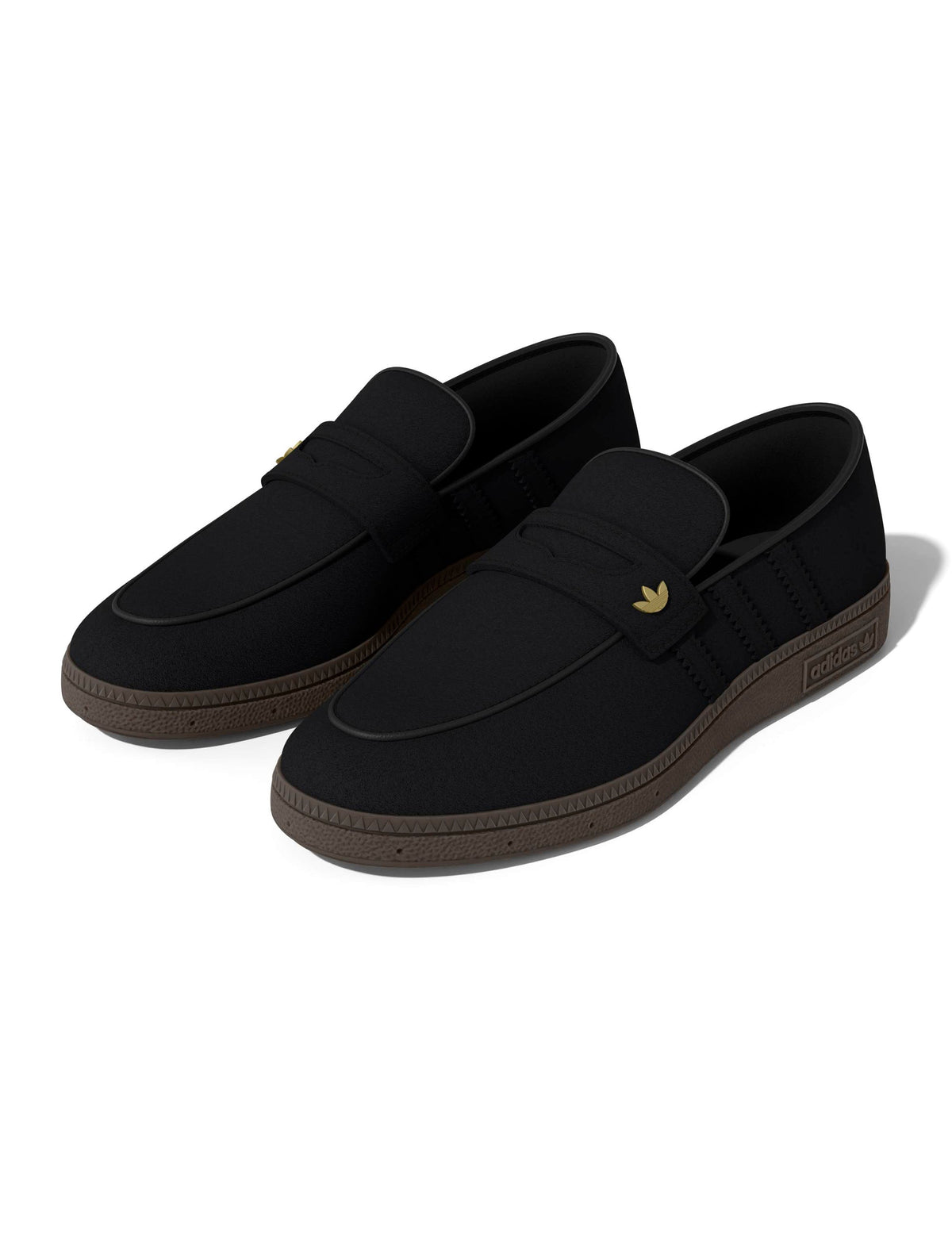 Black Adidas Men's Handball Spezial Loafers shown from the side, featuring a sleek design and classic silhouette in a 3D rendering.