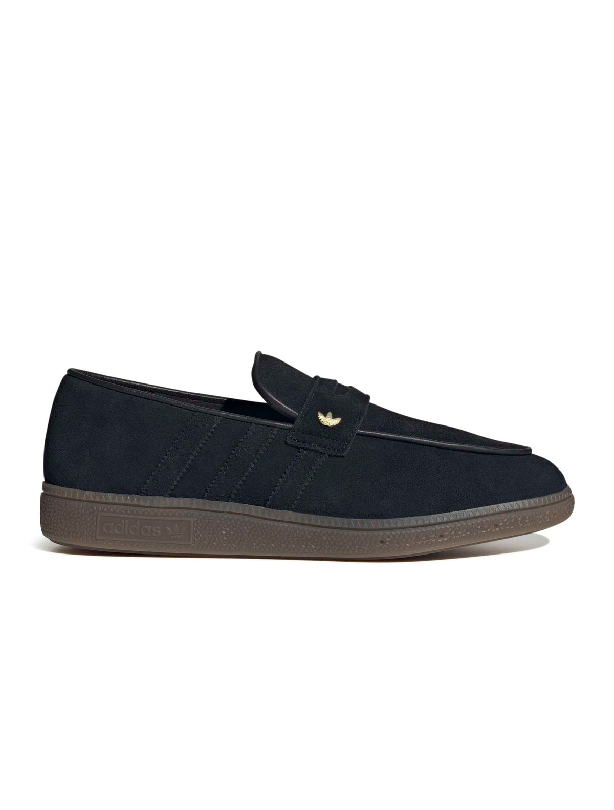 Black Adidas Men's Handball Spezial loafer, side view showing sleek design and classic branding, on a white background.