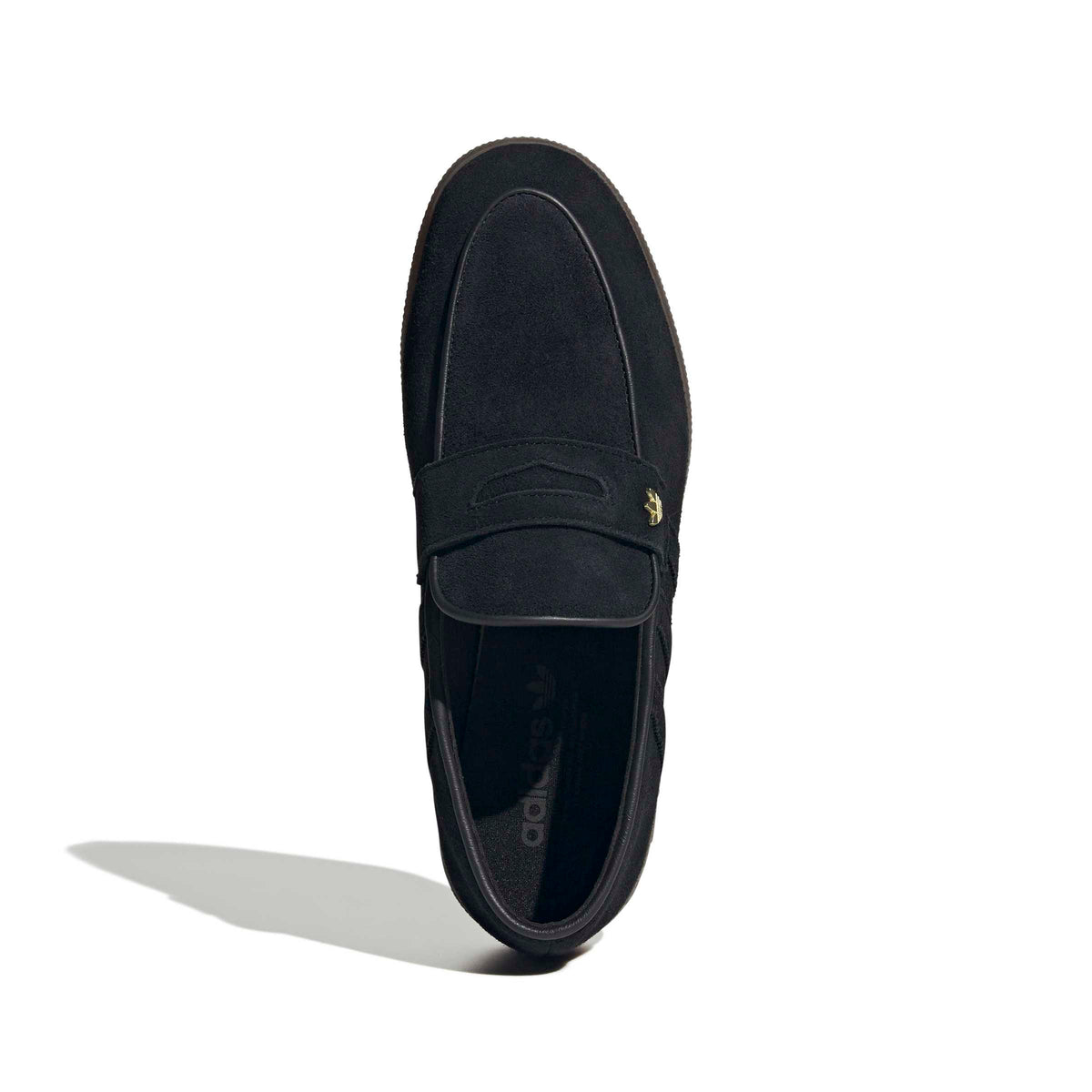 Black Adidas Men's Handball Spezial Loafer with white detailing, displayed from a top portrait view.