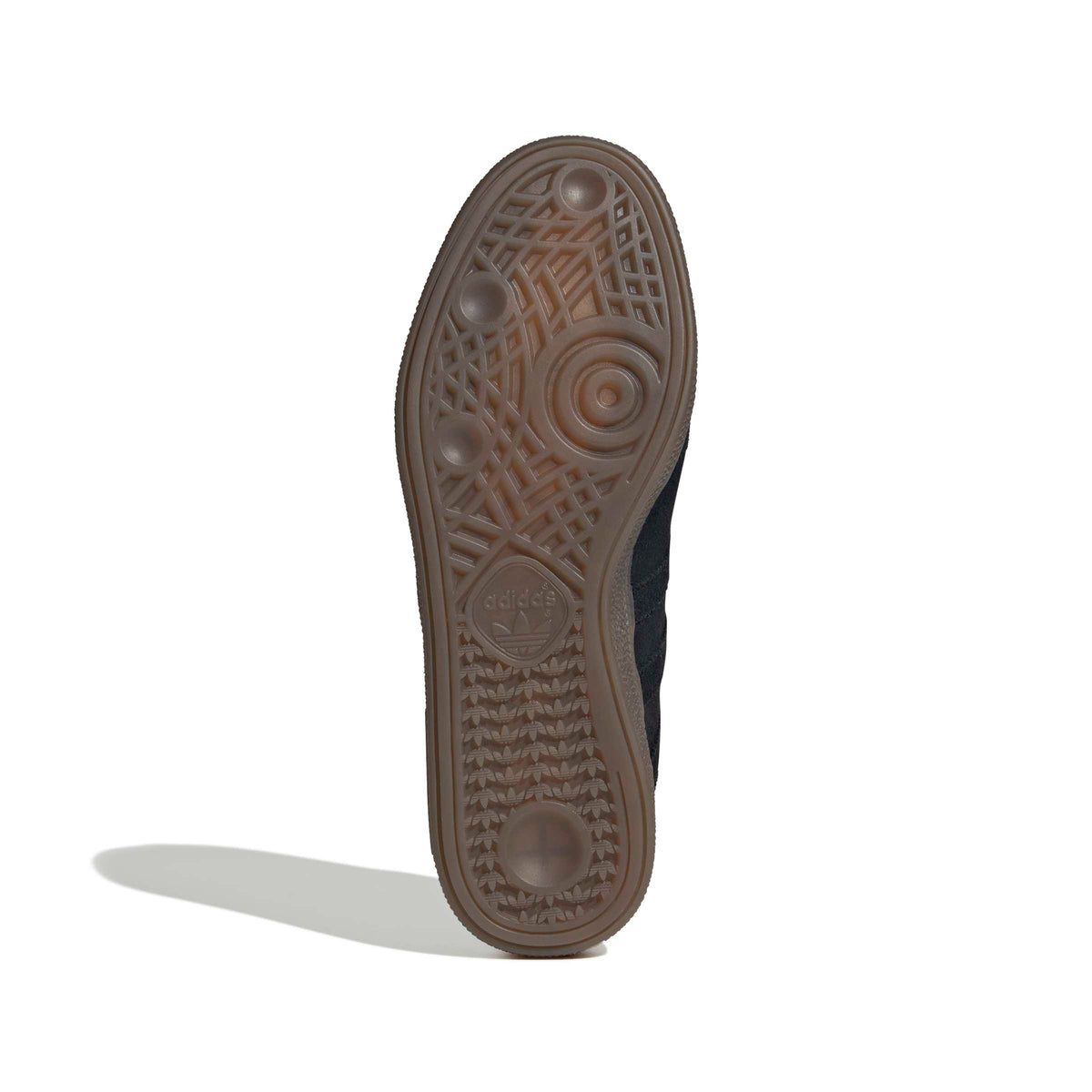 Black Adidas Men's Handball Spezial loafer viewed from the bottom, showcasing the sole and overall design of the footwear.