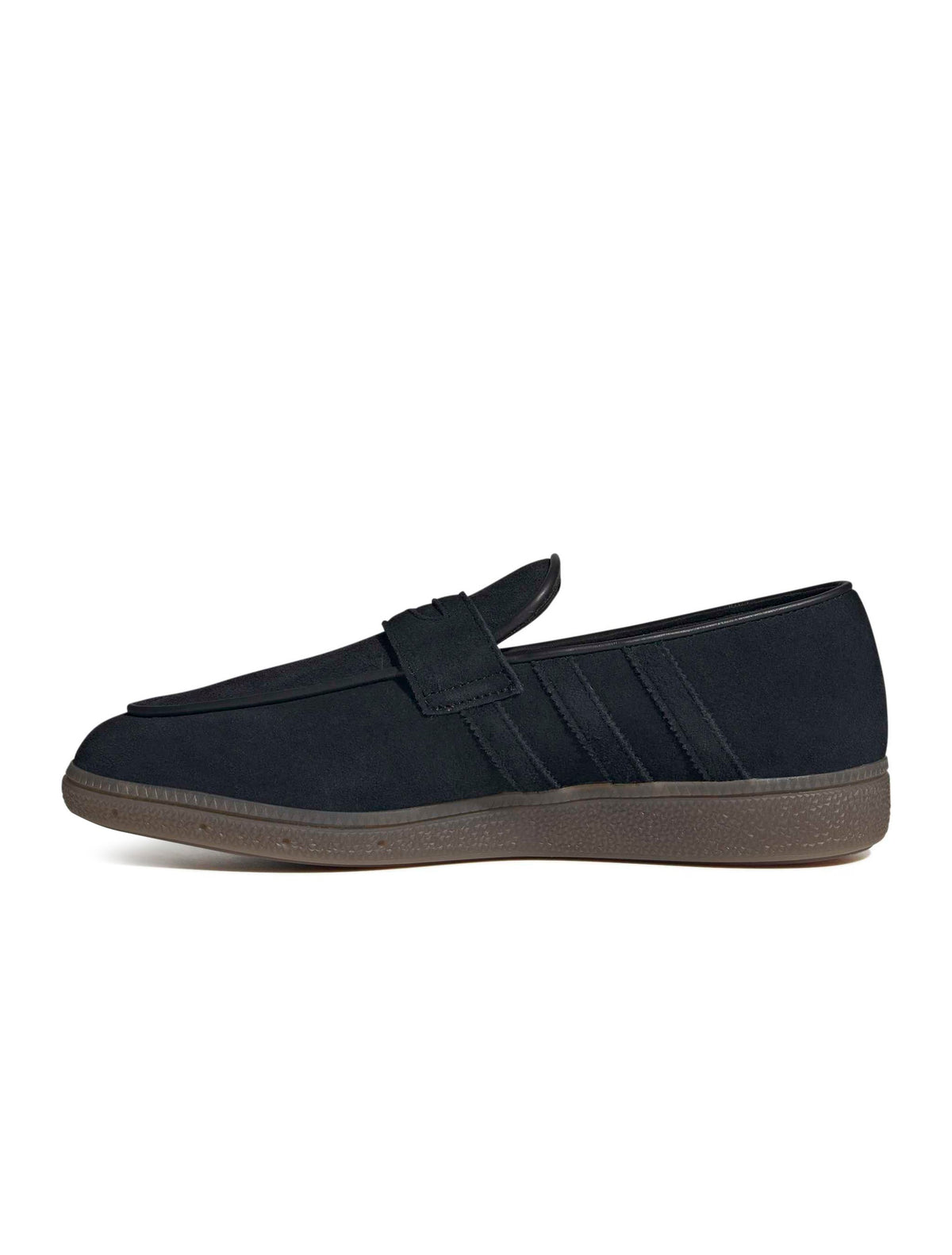 Black Adidas Mens Handball Spezial loafer shown from the side, featuring a sleek design and comfortable fit in men's footwear.