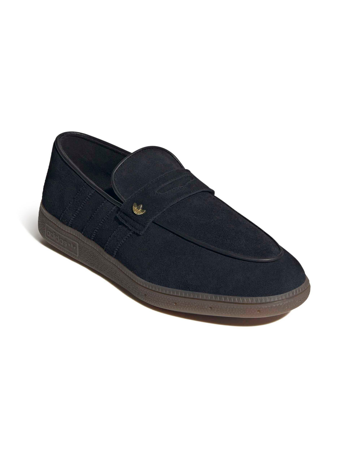 Black Adidas Mens Handball Spezial loafer with white accents, front and side view, showcasing the classic sporty design.