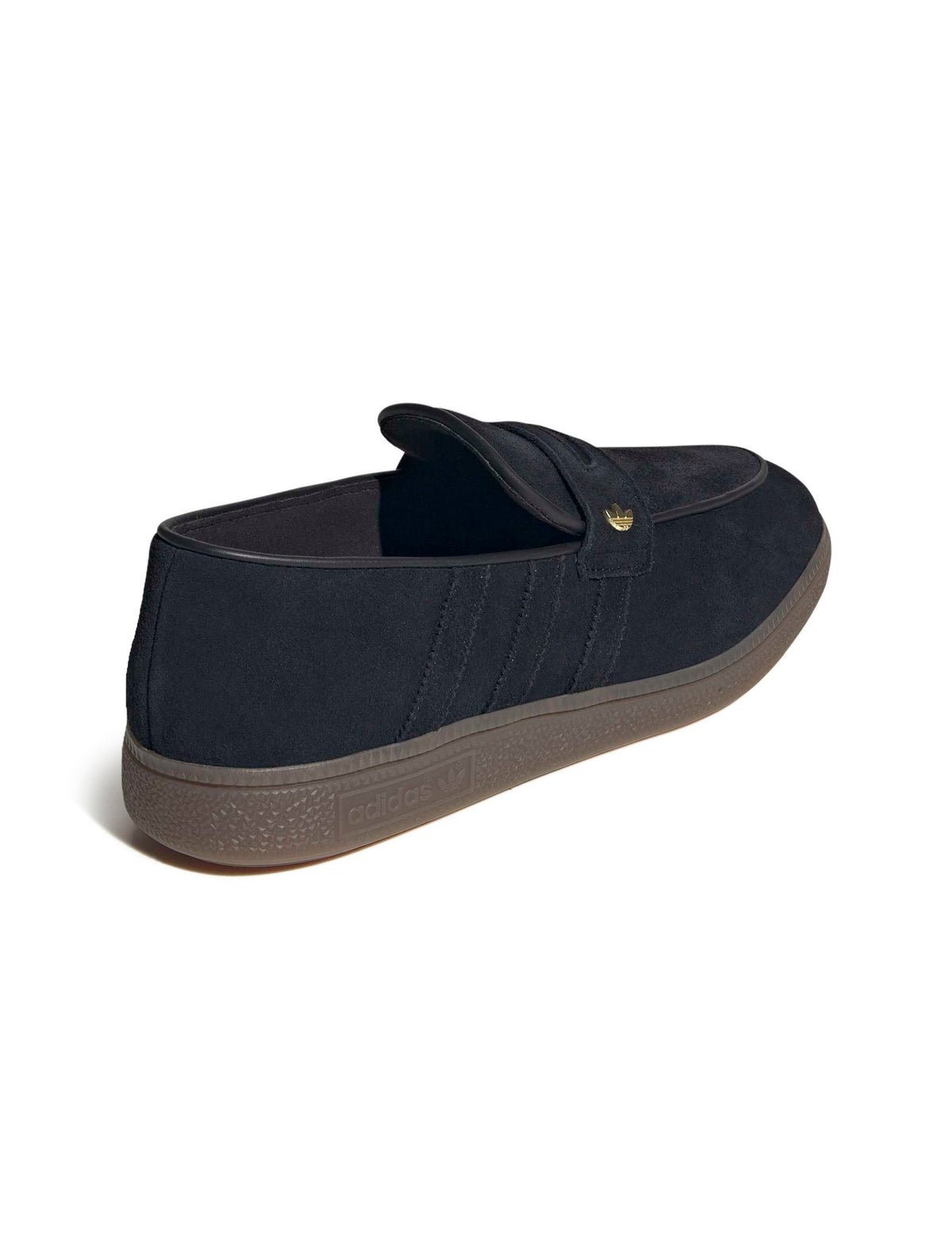 Black Adidas Mens Handball Spezial Loafer, stylish men's footwear with a sleek design, shown from back, lateral, and top views.