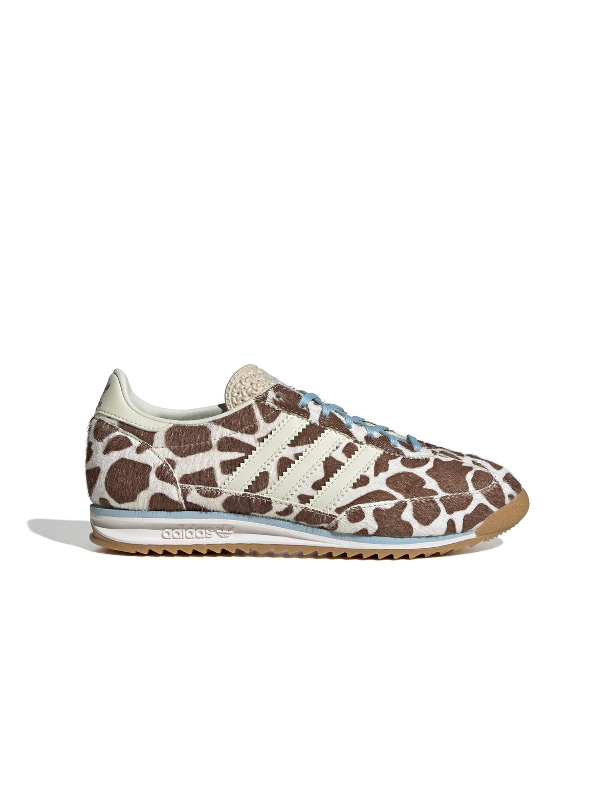 Adidas Womens SL 72 OG cow print sneakers, side view showing white footwear with black and white cow pattern.