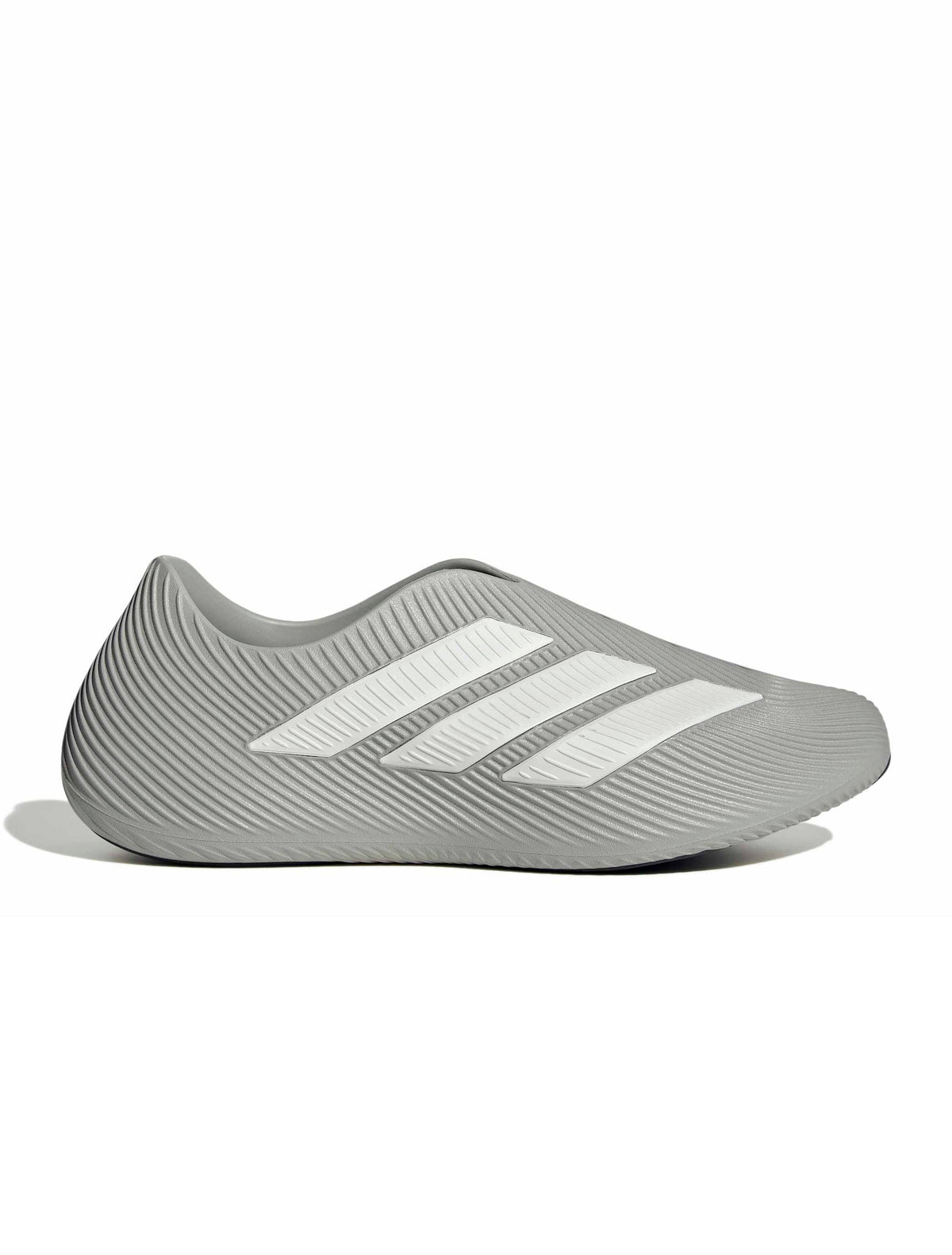 Men's Adidas Purechill grey footwear side view showing sleek design and breathable material for comfortable casual wear.