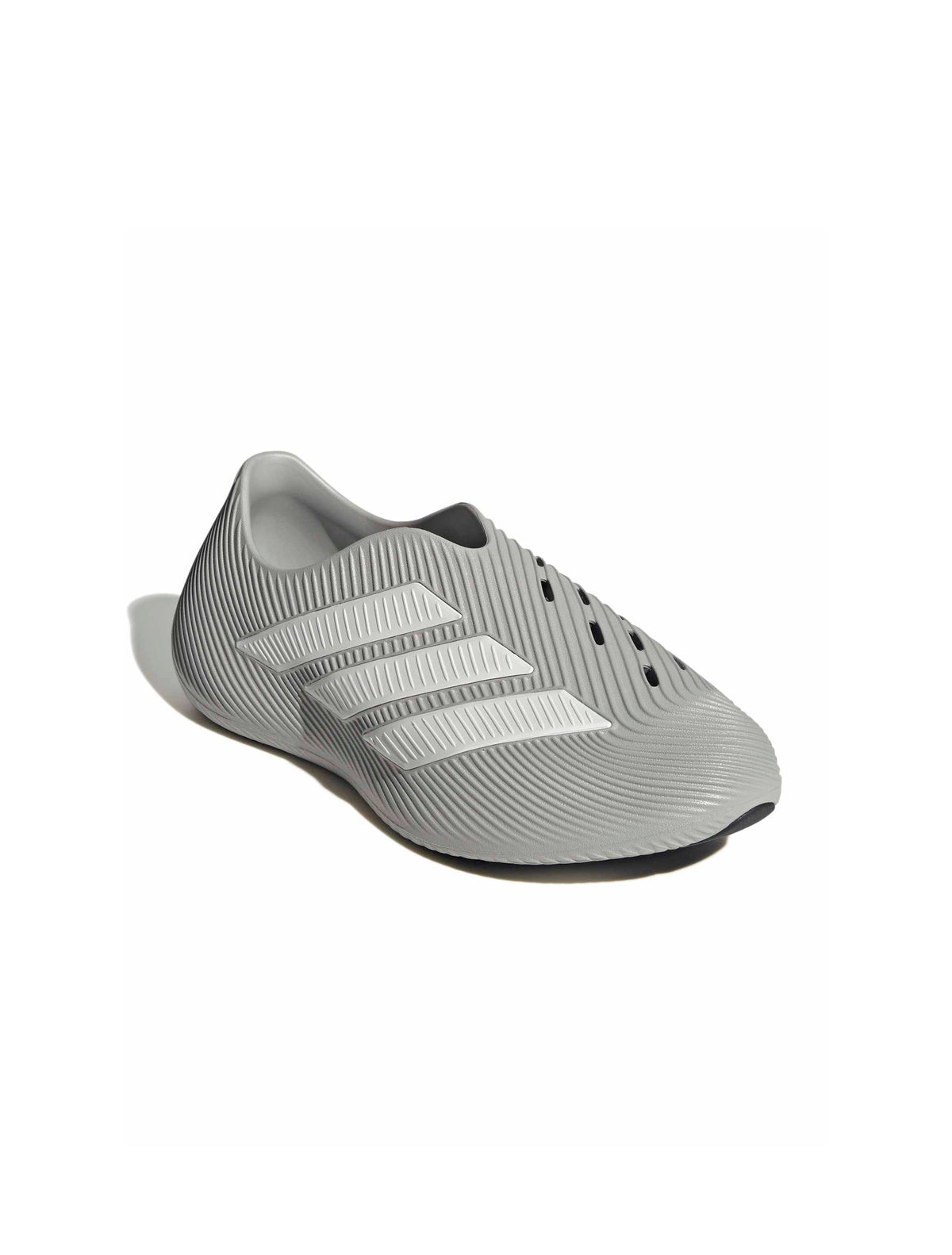 Grey Adidas men's Purechill footwear shown from front, lateral, and top views with white accents, designed for comfort and style.