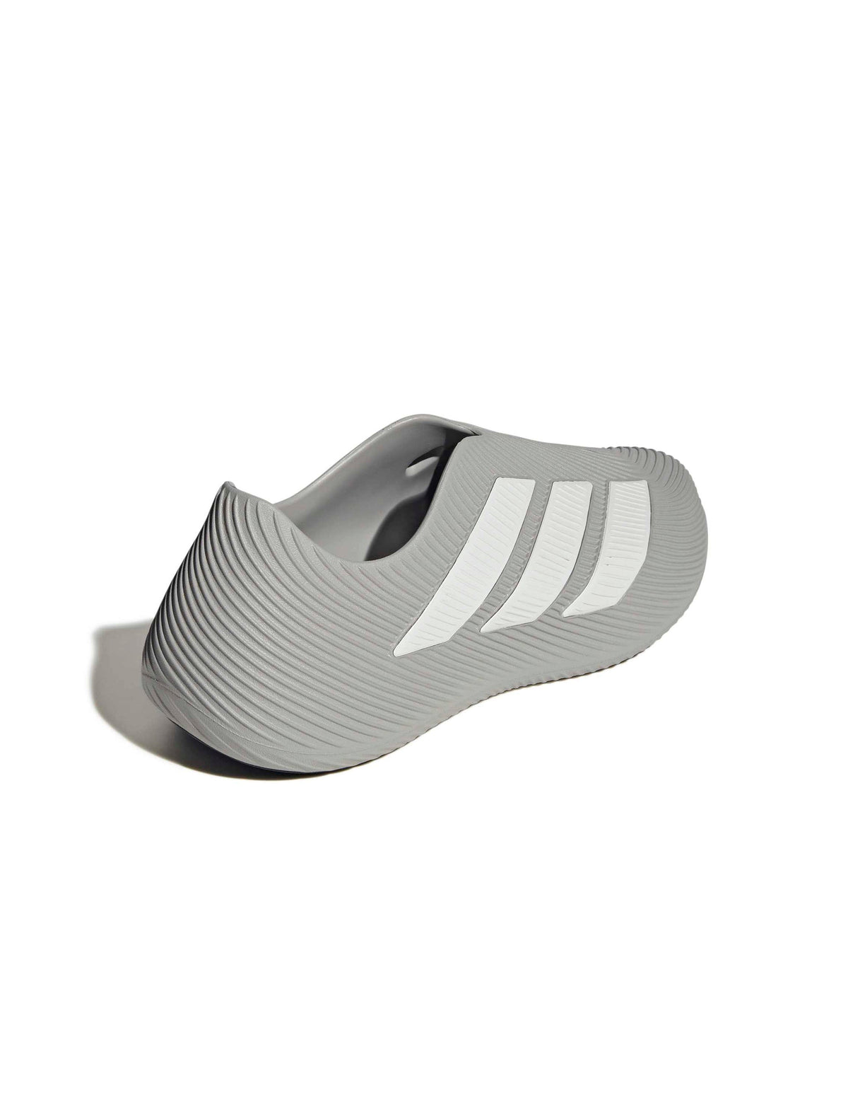 Adidas men's Purechill grey footwear shown from back, lateral, and top view, featuring sleek design and comfortable fit.