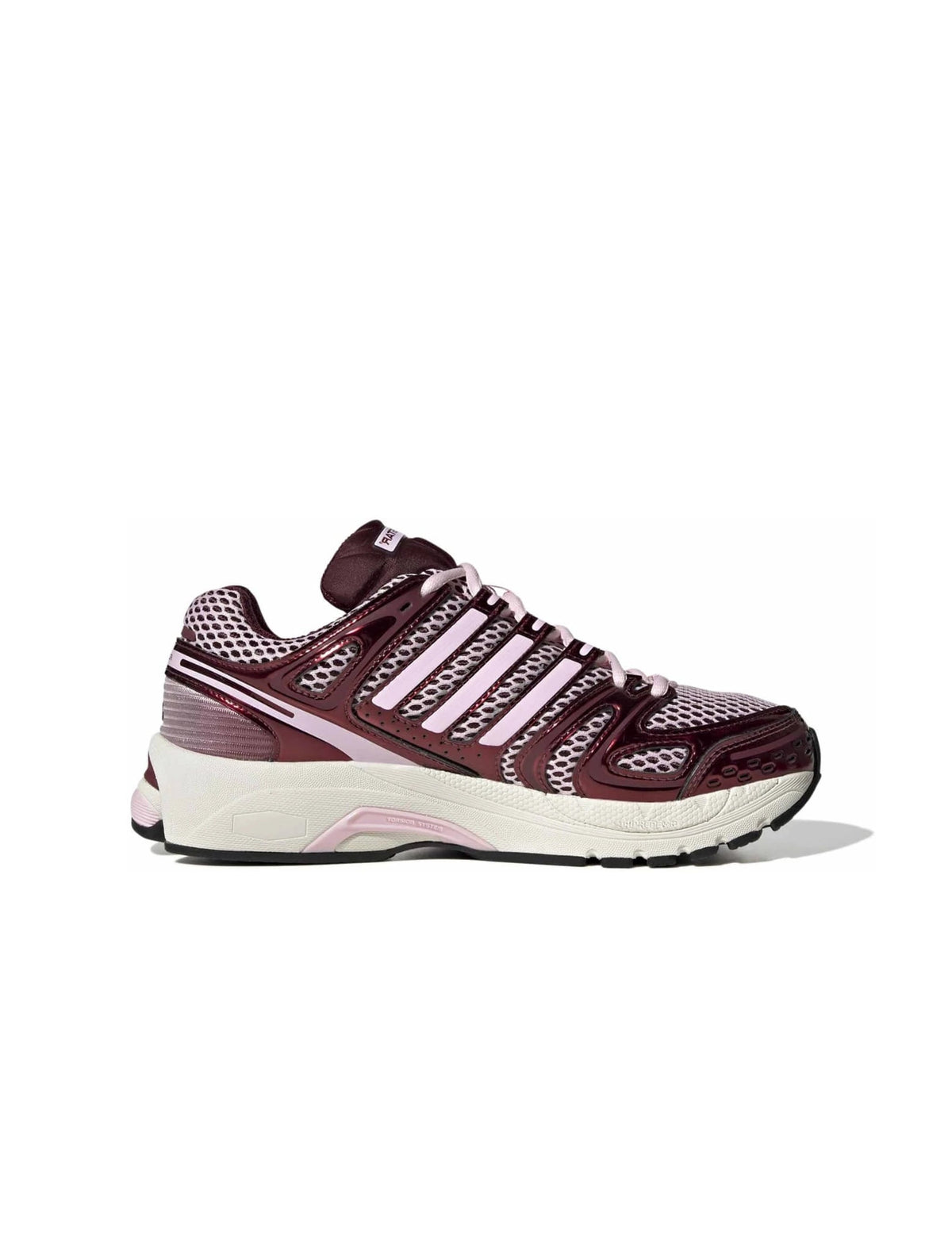 Pink Adidas Womens Adistar Control 5 running shoes shown from a side center lateral view.