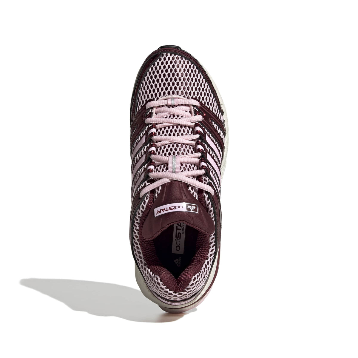 Pink Adidas Womens Adistar Control 5 athletic footwear with a top portrait view, showcasing the stylish pink design and white accents.