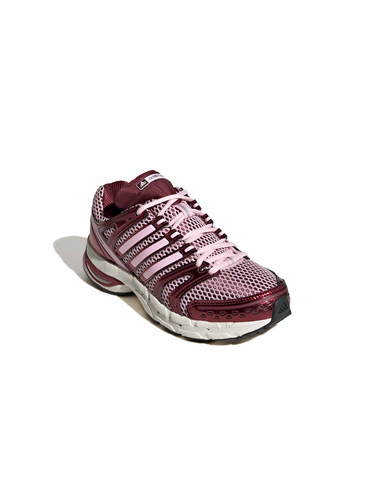 Pink Adidas Womens Adistar Control 5 athletic footwear shown from front, lateral, and top angles with white background.