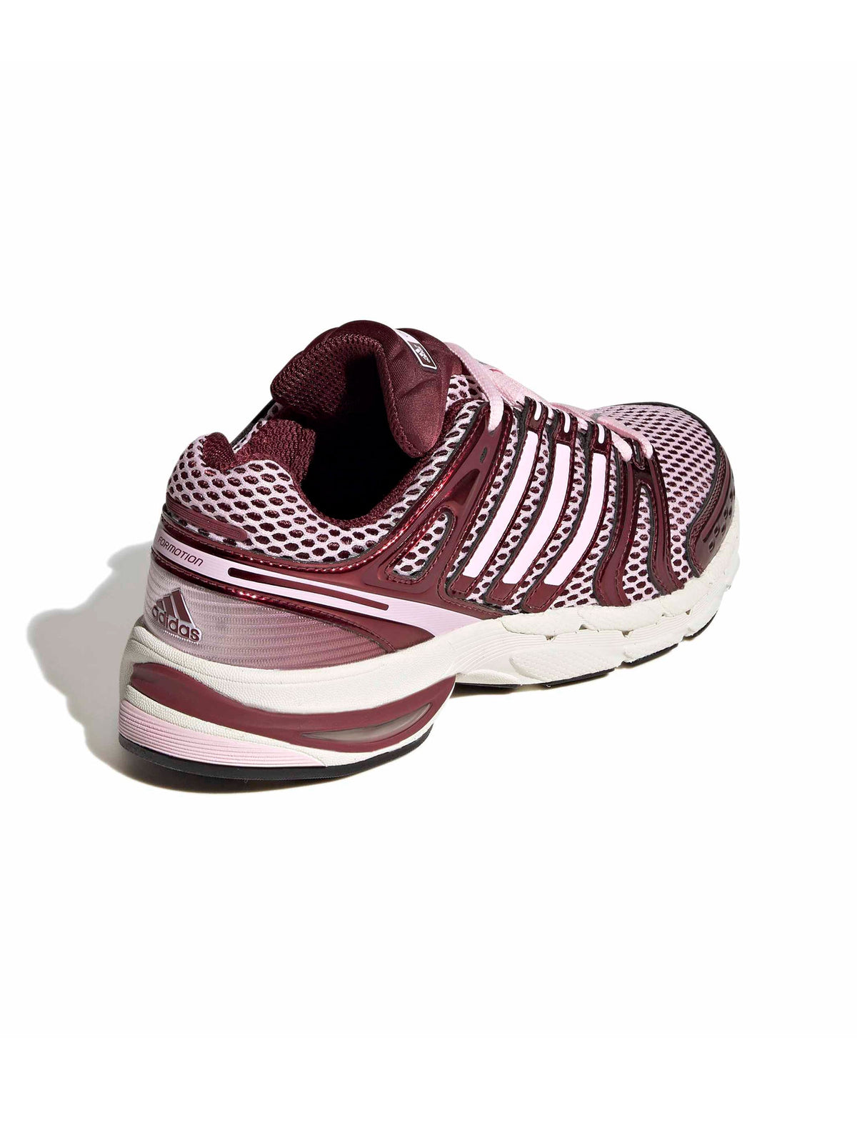 Pink Adidas womens Adistar Control 5 running shoes with white accents, viewed from back, lateral, and top angles.