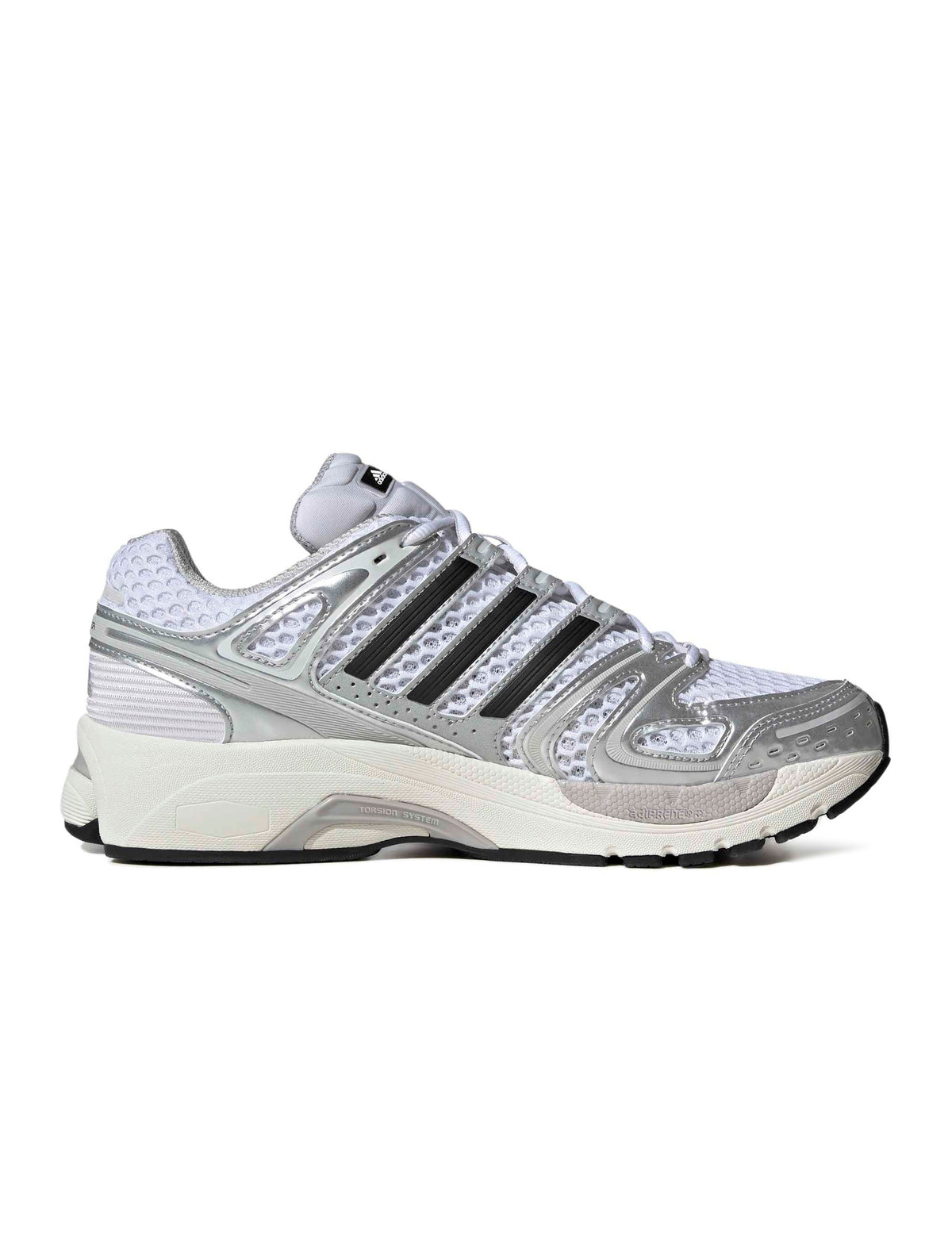 Silver Adidas men's Adistar Control 5 running shoes with side view, showcasing sleek design and athletic footwear features.