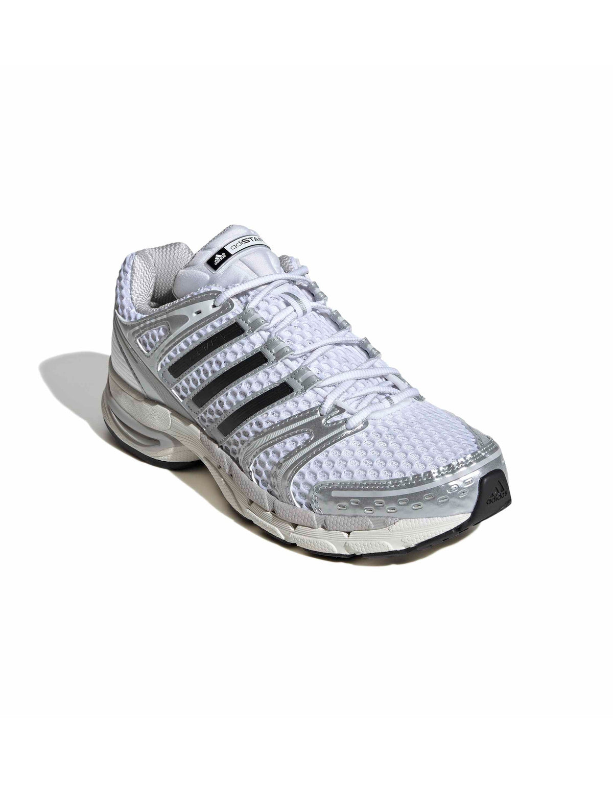 Silver Adidas men's Adistar Control 5 athletic footwear shown from front, side, and top view, featuring a sleek design and supportive construction.