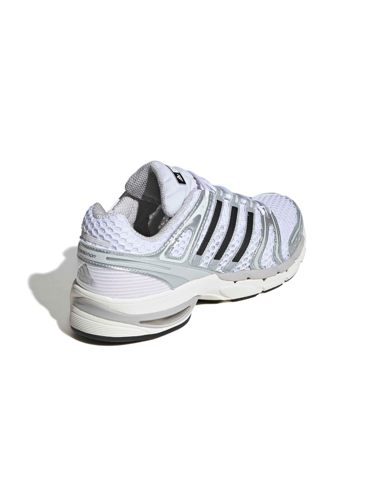 Silver Adidas men's Adistar Control 5 running shoes with white accents, back, lateral, and top view.