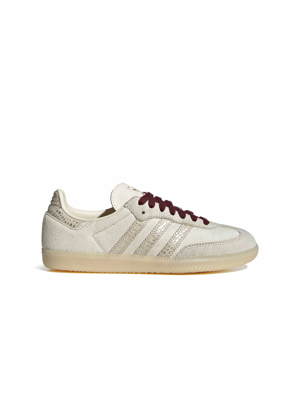 Adidas Women's Samba OG cream and maroon sneakers shown from a side view, featuring classic design and white accents.