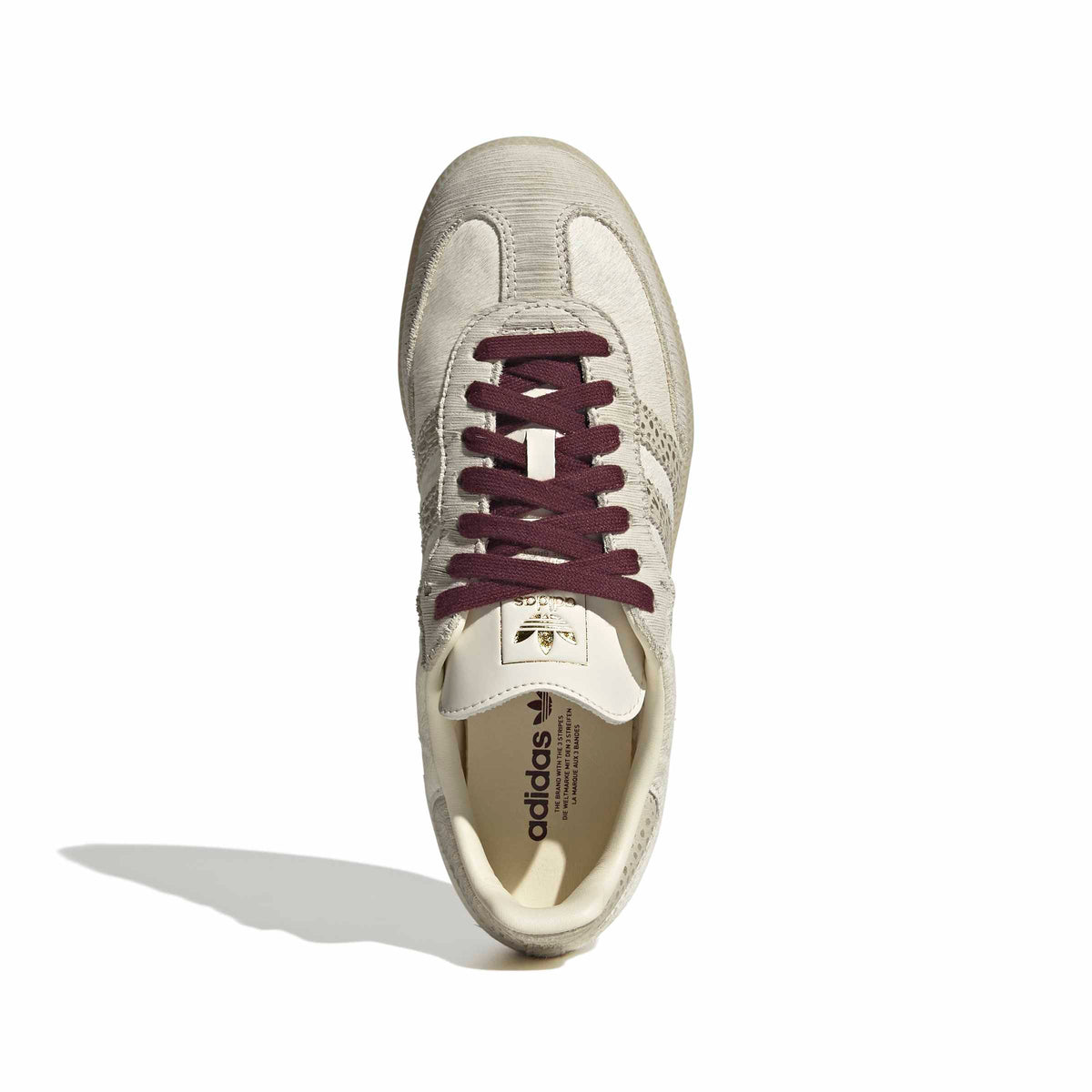 Adidas Womens Samba OG cream and maroon sneakers from Denim Exchange, top portrait view showing classic design and branding.