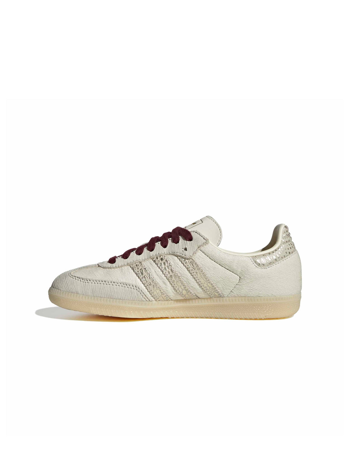 Adidas Women's Samba OG cream and maroon sneakers shown from a side medial center view, featuring classic design and white sole.