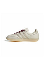 Adidas Women's Samba OG cream and maroon sneakers shown from a side medial center view, featuring classic design and white sole.