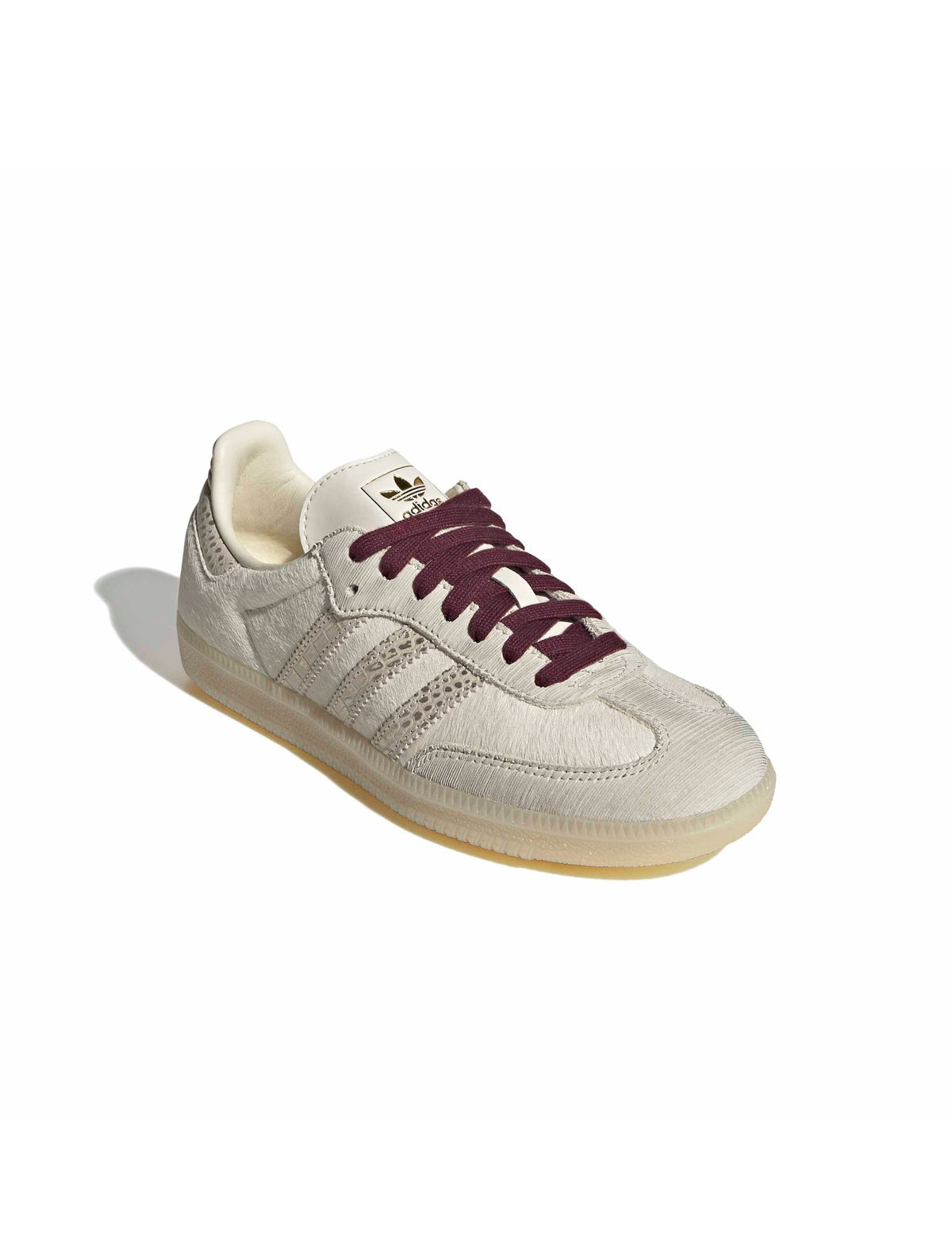 Adidas Womens Samba OG cream and maroon sneakers, front and lateral view showcasing classic leather footwear with white accents.