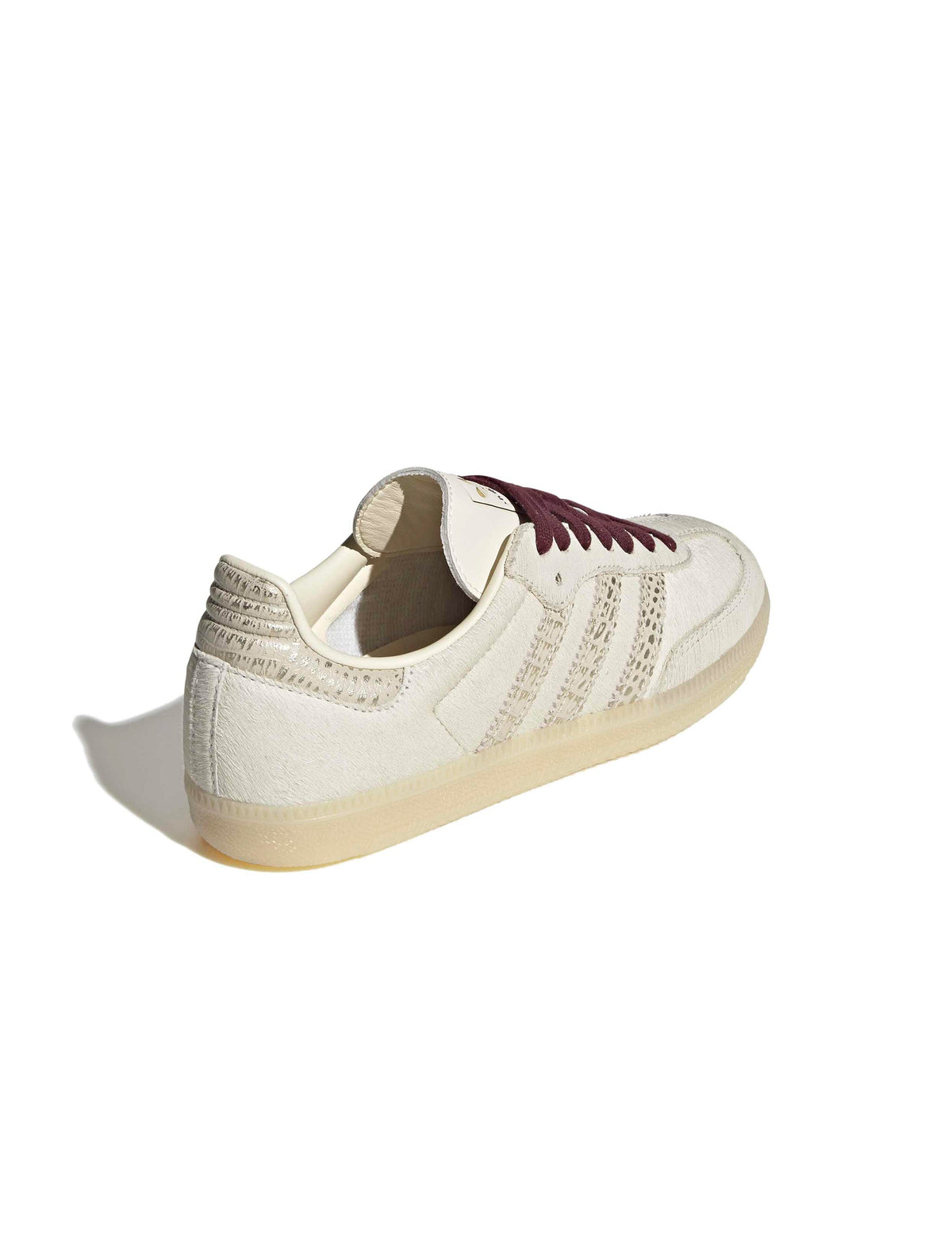 Adidas Women's Samba OG cream and maroon sneakers, back and side view showing classic design and white outsole.