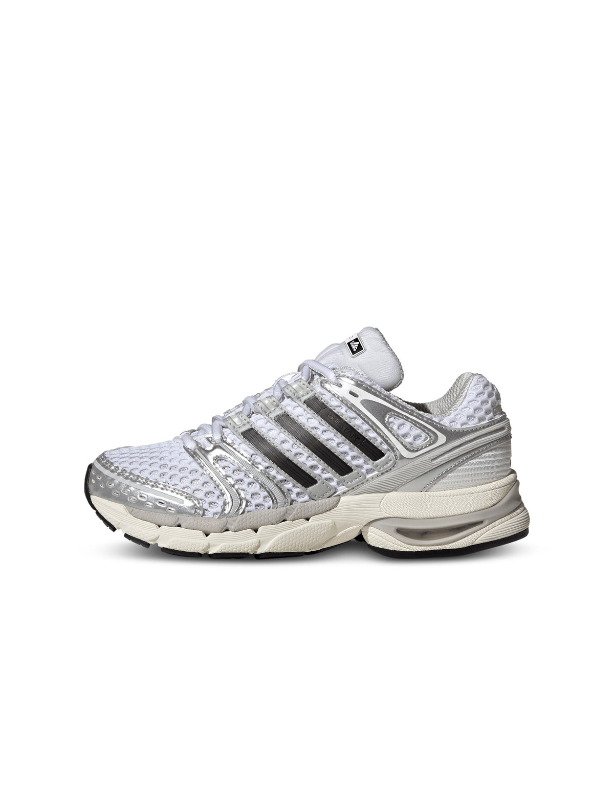 White and silver Adidas Big Kids Adistar Control 5 gradeschool footwear side view showing sporty design and supportive sole