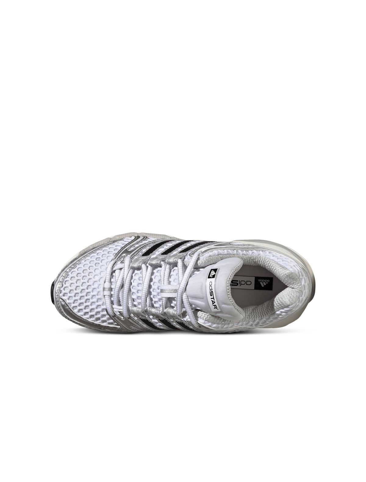 White and silver Adidas Big Kids Adistar Control 5 gradeschool footwear shown from a top portrait view.