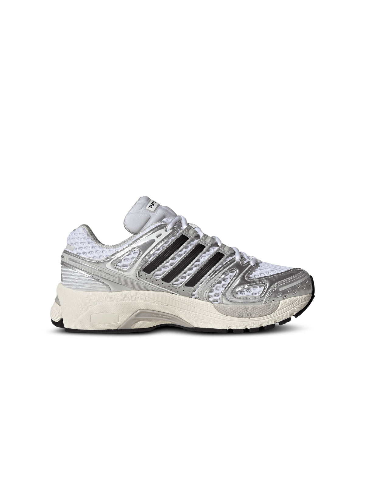 Adidas Big Kids Adistar Control 5 gradeschool white and silver athletic shoes, side view showing design details.