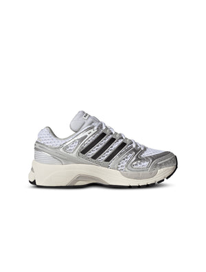 Adidas Big Kids Adistar Control 5 gradeschool white and silver athletic shoes, side view showing design details.