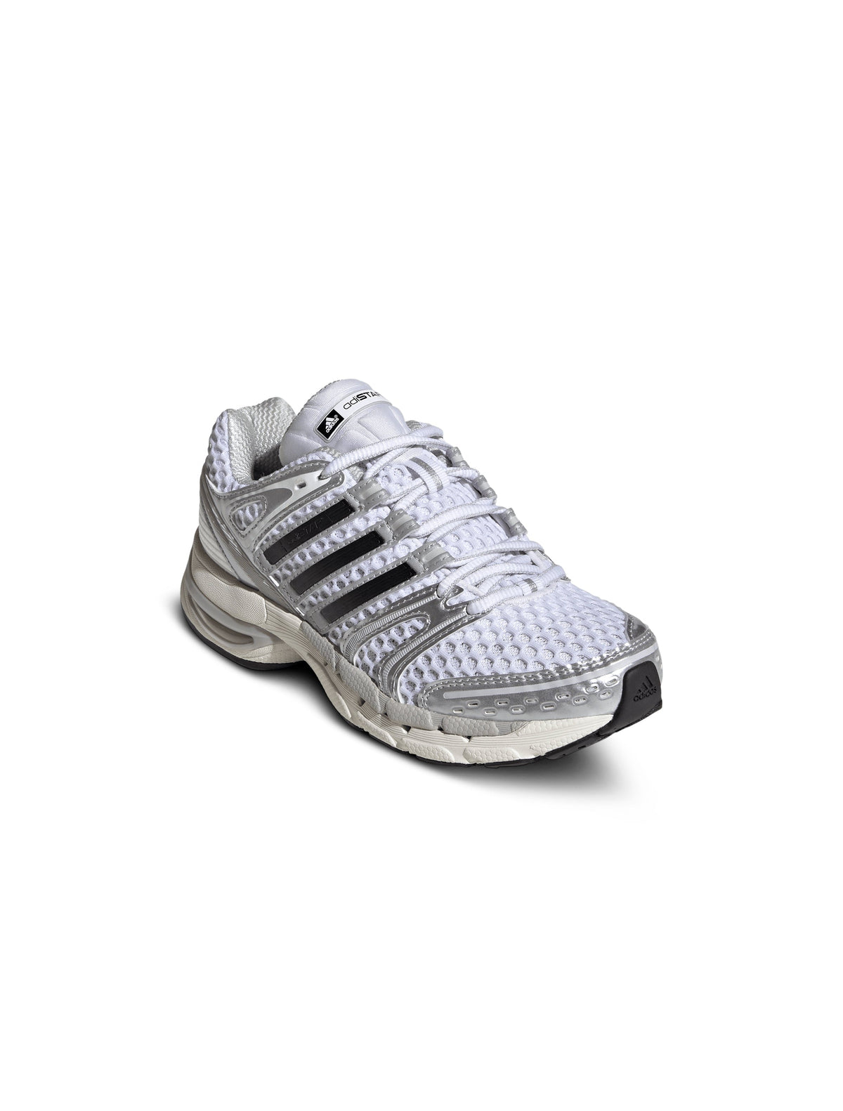 White and silver Adidas Big Kids Adistar Control 5 gradeschool sneakers shown from front, side, and top view.