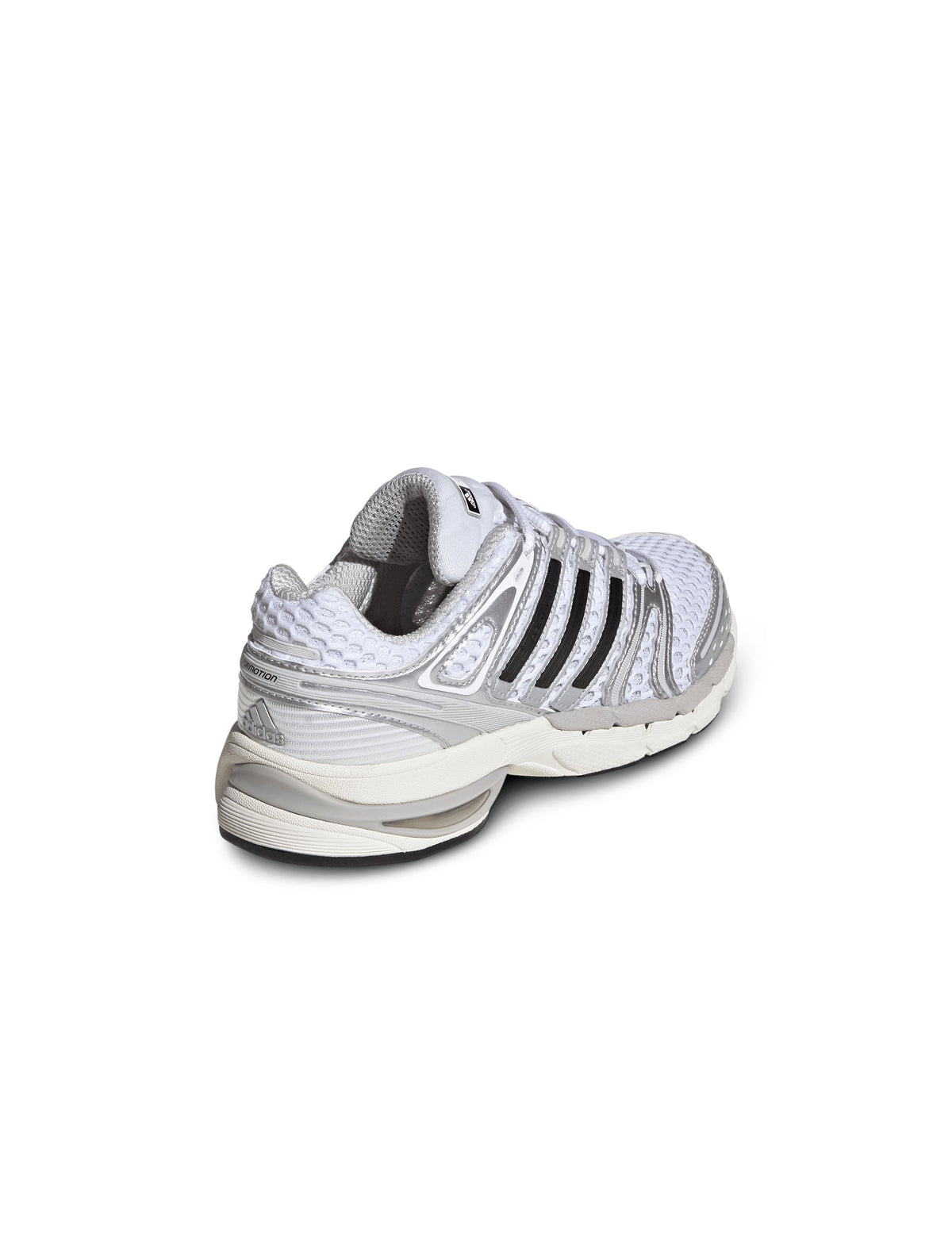 White and silver Adidas Big Kids Adistar Control 5 gradeschool footwear shown from back, lateral, and top view.